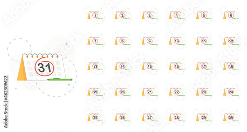 Calendars for all 31 days of a month. Flip flop calendar. Circled number of each day. Selected day. Mark day. Flat design isolated on white background