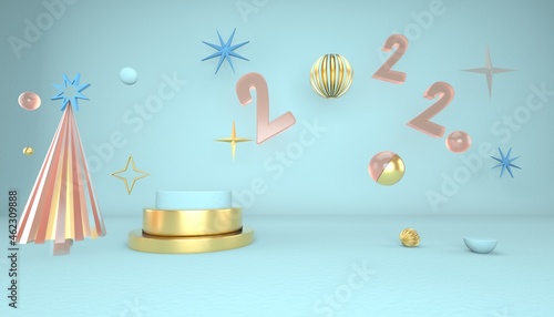 Christmas background with Christmas tree and stage for product display. 3d rendering.