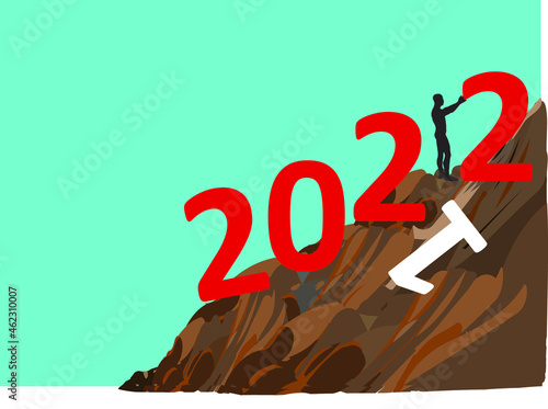 Happy new year 2022 is coming concept vector drawing. Man pushing number one because new year 2022 replace 2021. Beautiful conceptual vector drawing with text for holiday and positive greeting cards. © Gulhan
