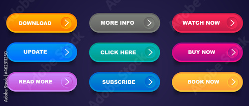 Different gradient colors and icons on white forms with shadows. Set of vector modern material style buttons.