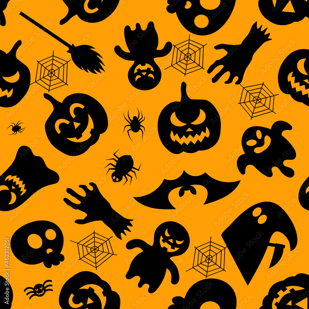 Halloween design. Halloween symbols: ghost, bat, pumpkin in cartoon style. Vector Illustration