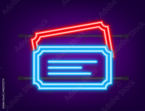 Show ticket. Old premium cinema entrance tickets. Neon style. Vector illustration