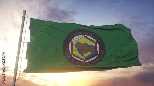 Valokuva Flag of Gulf Cooperation Council waving in the wind, sky and sun background