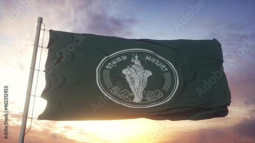 Canvas Print Flag of Bangkok, capital city of Thailand waving in the wind, sky and sun background