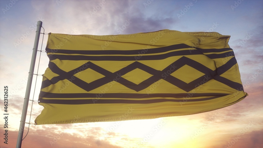 Fototapeta premium West Midland flag, England, waving in the wind, sky and sun background. 3d rendering