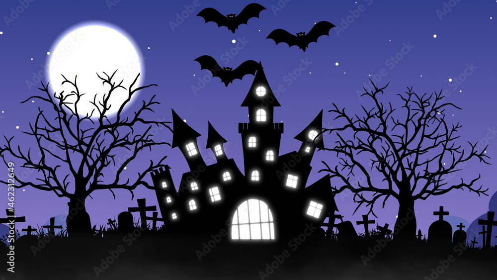 Halloween background with the concept of Haunted Castle, Moon and Bats. 3d rendering