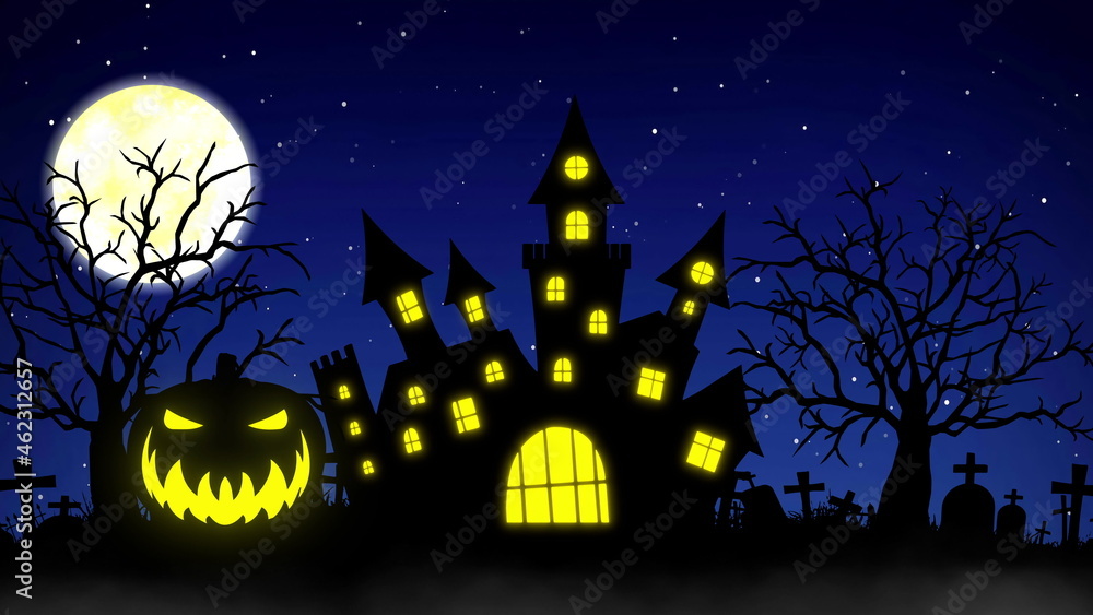 Halloween background with the concept of Haunted Castle, Pumpkin and Spooky Trees. 3d rendering