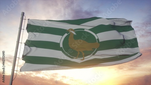 Wiltshire flag, England, waving in the wind, sky and sun background. 3d rendering photo