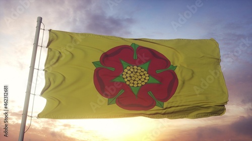 Lancashire flag, England, waving in the wind, sky and sun background. 3d rendering photo