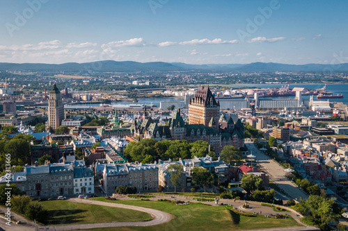 Aerial view of Quebec City including historical landmark Frontenac castle during summer in Quebec, Canada, North America. 