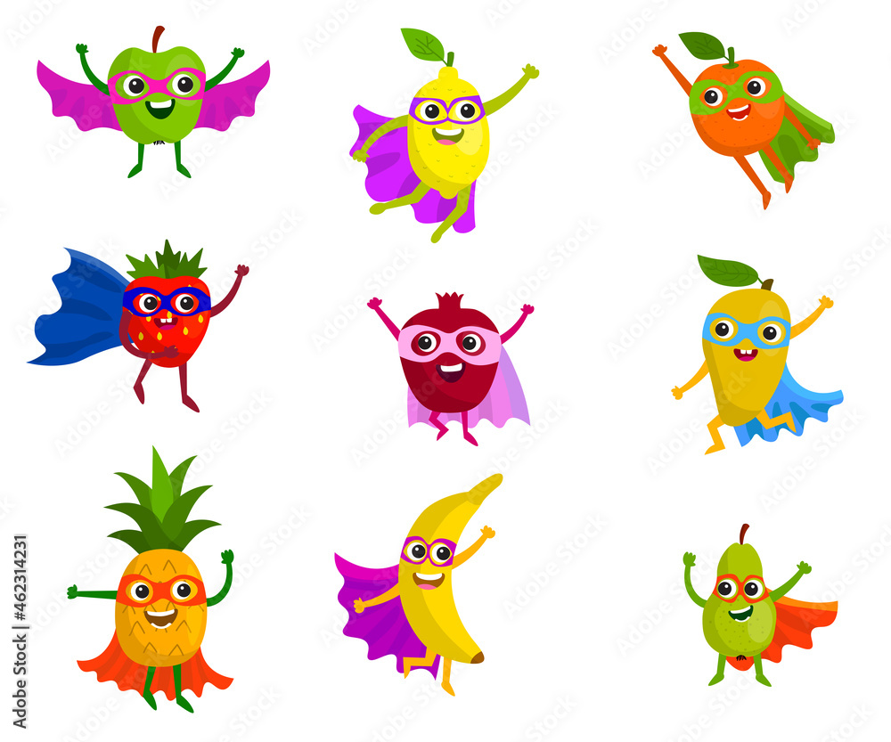 Cute super fruits set in flat style. Superheroes with smiles, cloaks and masks. Apple and lemon, orange and strawberry, pomegranate and mango, pineapple and banana, pear.