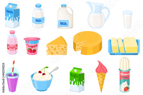 Cute cartoon dairy products set in flat style isolated on white background. Milk and kefir, yogurt and cottage cheese, whipped cream and ice cream, cheese.