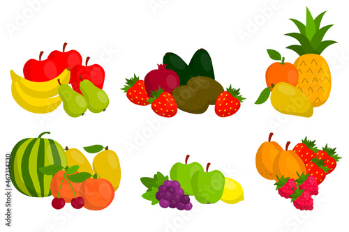 Fototapeta Naklejka Na Ścianę i Meble -  Cute fruit in flat style composition isolated on white background. Fair of harvest. Wind with fruits. Pineapple and watermelon, apple and strawberry, pear and lemon.