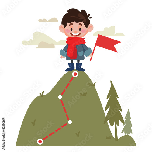 A boy stands on the top of the mountain and holds a flag. The concept of success, conquest and victory in a child s play. Vector character illustration in cartoon childish style.