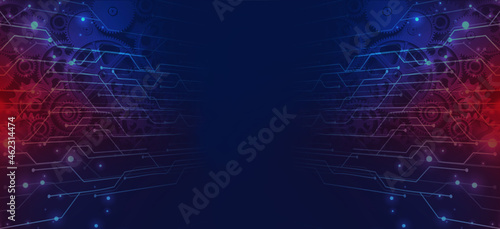 A blue  banner of old technology and new using computer circuits and old machine cogs