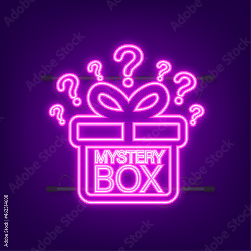 Mystery box. Packaging for concept design. Surprise present. Package design. Help symbol. Neon icon. Vector stock illustration