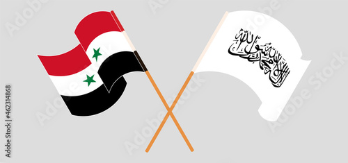 Crossed and waving flags of Syria and Taliban