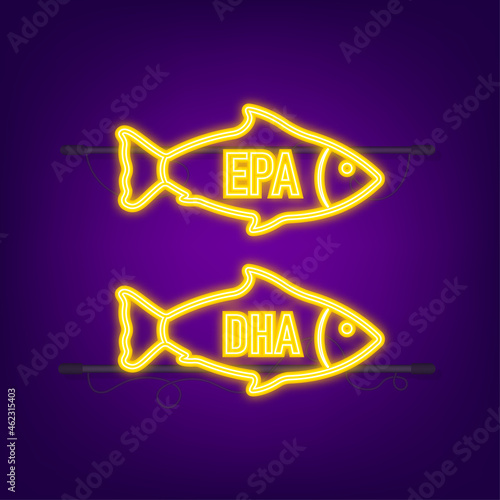 EPA, DHA Vector Drops Set. Neon icon. Omega Three. Organic Vitamin. Vector illustration.