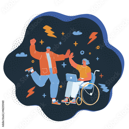 Vector illustration of Young woman in wheelchair working and succesful over dark backround.