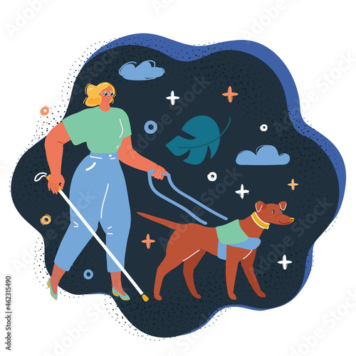 Vector illustration of blind woman with her dog in a park over dark backround.