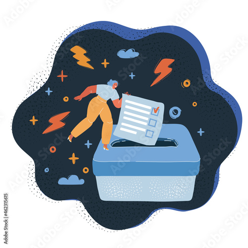 Vector illustration of Woman put down the ballot in the ballot box over dark backround.