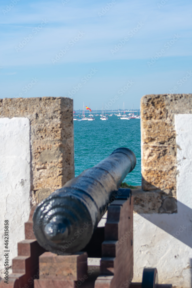 military cannon in the wall of Cadiz, Andalusia. Spain. Europe.

