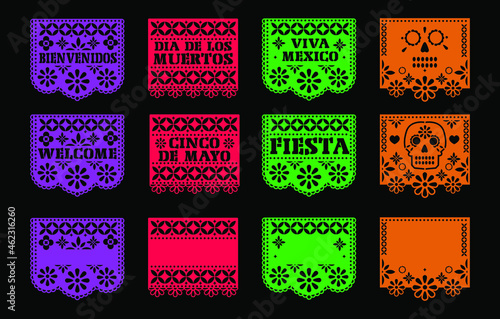 Papel picado. Day of the Dead. Dia de los muertos. vector with traditional mexican paper cut flags. space to write. Isolated on a black background. eps 10 photo