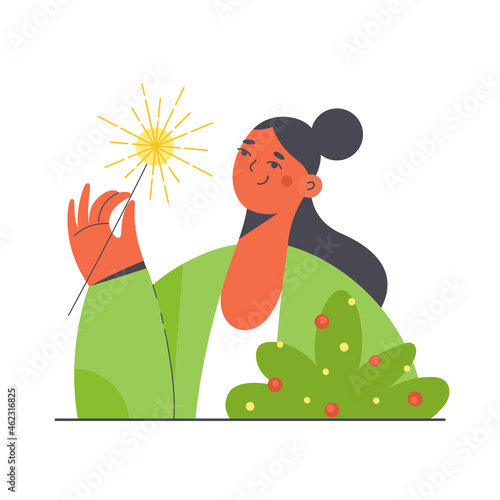 Christmas theme portrait of happy young woman holding a Bengal fire stick. Winter holidays season celebration concept. Girl flat character vector illustration.