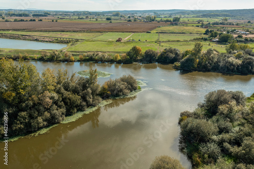 Aerial view with Drone Landscape Vegas of the Alagón river as it passes through Coria, Extremadura, Spain,