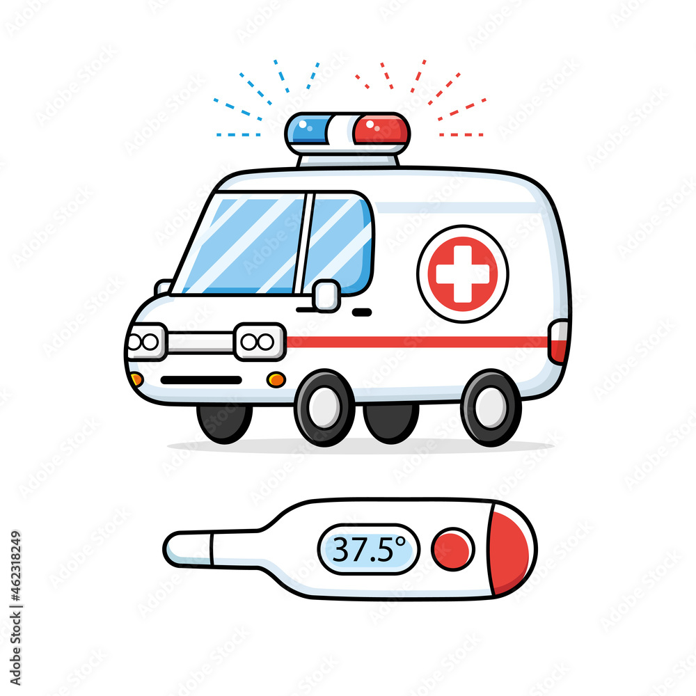 Vetor de Ambulance car and medical digital thermometer with flu or