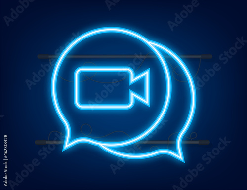 Incoming video call on laptop. Laptop with incoming call, man profile picture and accept decline buttons. Neon icon. Vector stock illustration
