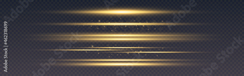 Glow lines collection. Magic gold beams. Light effect set. Luxury flash templates. Horizontal flares. Sparkling shapes for poster or website. Vector illustration