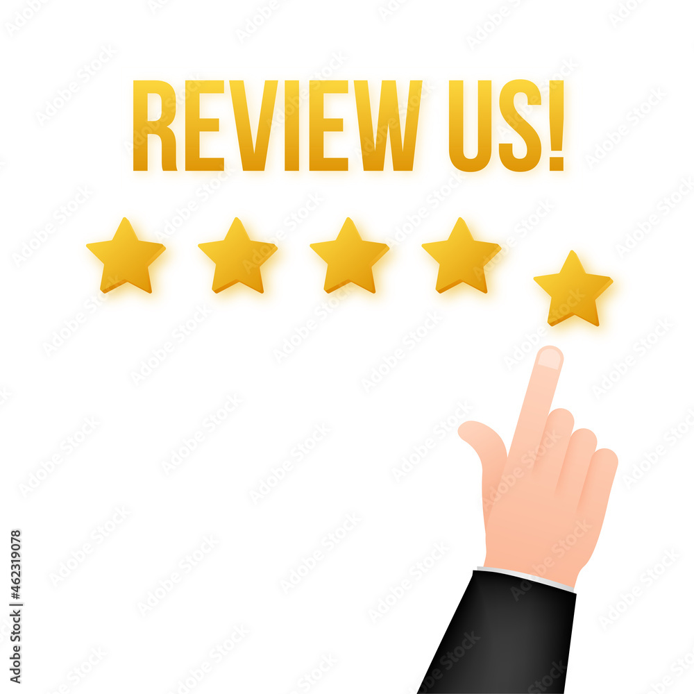 Review us User rating concept. Review and rate us stars. Business concept. Vector illustration Review us User rating concept. Review and rate us stars. Business concept. Vector illustration
