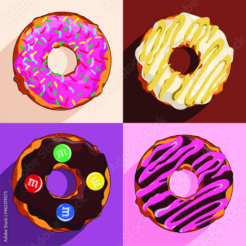 Set of cartoon colorful donuts on colorful background. Top View Doughnut collection into glaze for menu design, cafe decoration, delivery box. logo. Vector illustration in flat style and easy to edit.