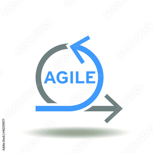 Vector illustration of agile word with arrows round cycle. Symbol of scrum process development. Icon of agile methodology.