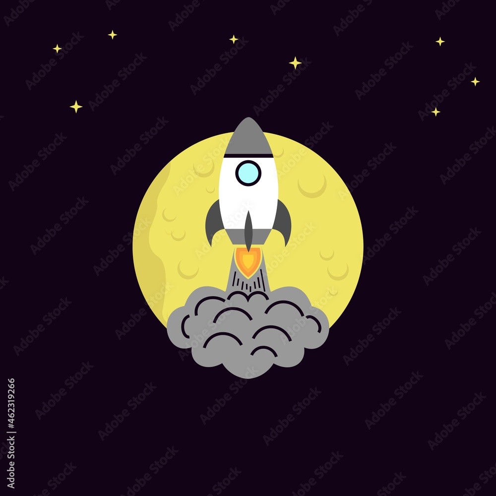 Space rocket logo with black background moon and star light. Technology icon logo. Logo template vector illustration design 