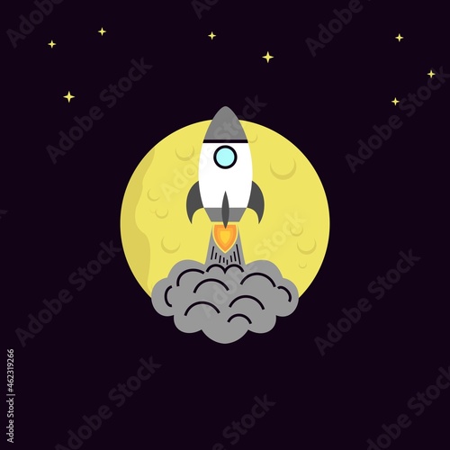 Space rocket logo with black background moon and star light. Technology icon logo. Logo template vector illustration design 