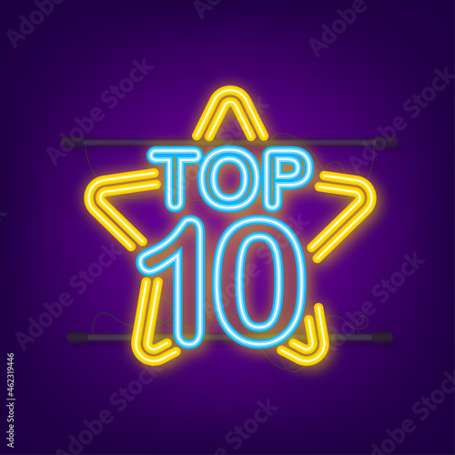 Top 10 - Top Ten gold with blue neon label on black background. Vector illustration