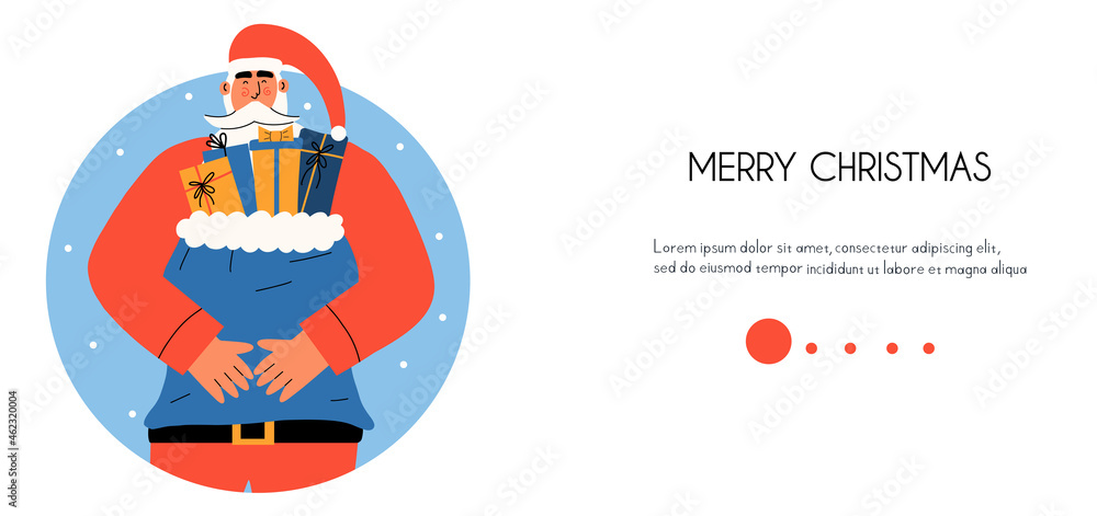 Landing page with santa claus holding a bag of gifts. Promotional banner about Merry Christmas. Vector illustration in flat style