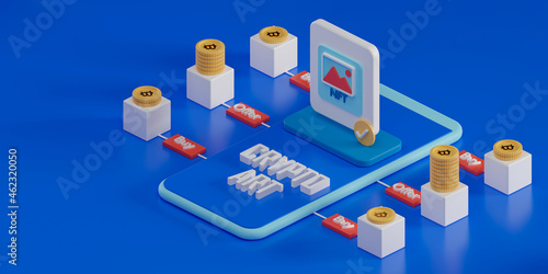 3d rendering concept NFT or non fungible token. Concept blockchain technology isometric illustration. photo