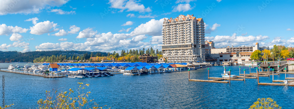 Panoramic view from Tubbs Hill park of the resort, marina and boardwalk alongside the city beach and park at autumn in Coeur d'Alene, Idaho, USA.