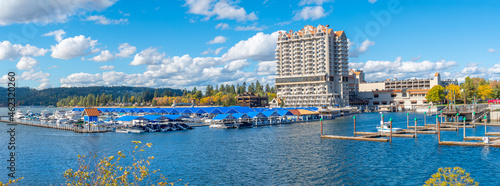 Panoramic view from Tubbs Hill park of the resort, marina and boardwalk alongside the city beach and park at autumn in Coeur d'Alene, Idaho, USA.