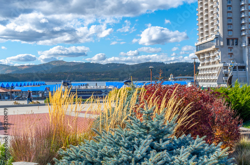Fall colors outside the Coeur d'Alene Resort and marina along the lake in Coeur d'Alene, Idaho during autumn.