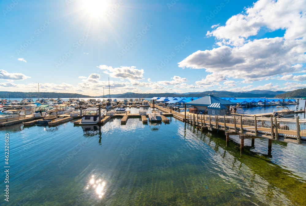 A marina on Lake Coeur d'Alene full of boats and yachts near Silver Beach in Coeur d'Alene, Idaho, USA.