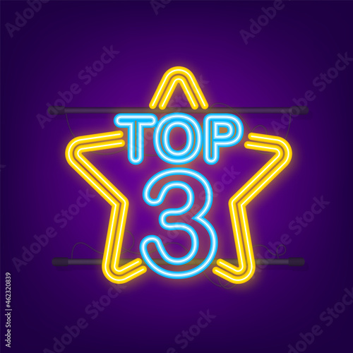 Top 3 - Top Ten gold with blue neon label on black background. Vector illustration