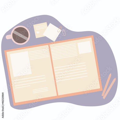 Workplace, a place to study. An open book, a textbook, a cup of coffee, paper clips, stickers, pencils. The concept of education. Minimalism, flat vector illustration