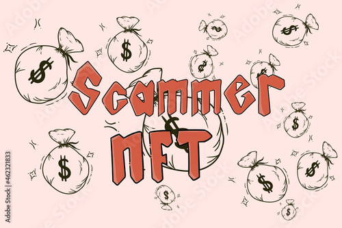 NFT scamer writing with sacks of coins with a dollar symbol, suitable for use as article material, or warning the dangers of crypto currency for ordinary people