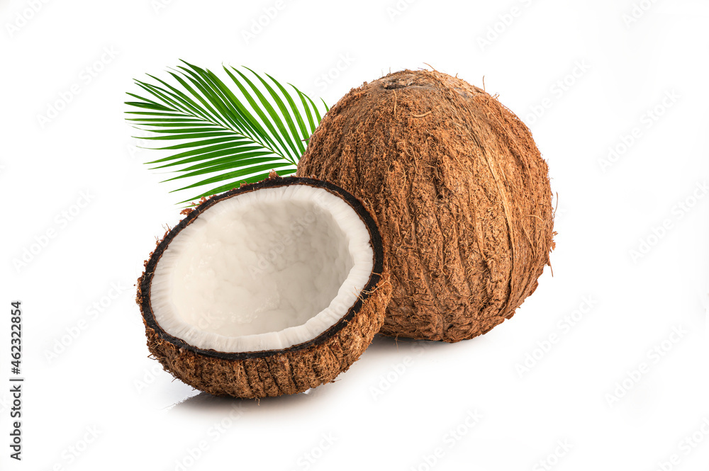 Coconut with leaves isolated on white background Coconut with leaves isolated on white background