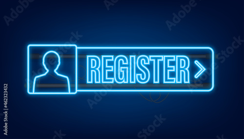 Blue banner register now. Neon icon. Vector stock illustration