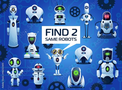 Find two same robots cartoon kids game, vector riddle with ai cyborgs. Children logic test with androids and artificial intelligence bots. Education worksheet for mind and attentiveness development